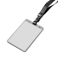 Blank gray plastic ID badge on a black lanyard