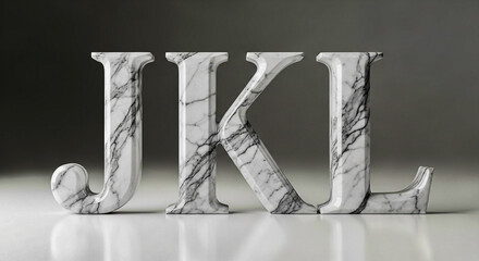 Three dimensional, intricately carved marble letters J K and L are displayed on a glossy surface, casting soft shadows in a studio setting.