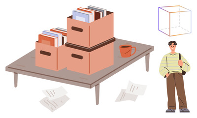 Stacked boxes of books on a table, loose papers on the ground, coffee cup nearby, professional individual holding a bag in a casual setting. Ideal for education, organization, workspace, preparation