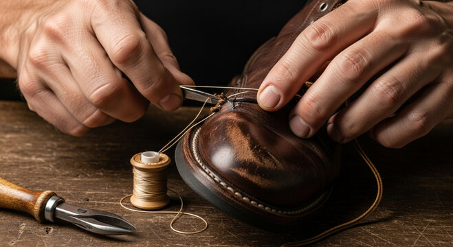 Hands of a skilled shoemaker repairing a classic leather boot with needle and thread, intricate handcrafted detail in a workshop.