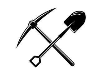 Crossed pickaxe and shovel silhouette vector and illustration