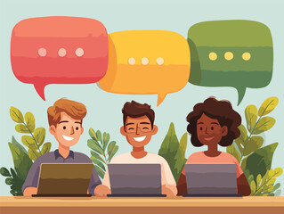 シンプルなベクタースタイルのイラスト：多様な人々がラップトップを使ってコミュニケーションをとる