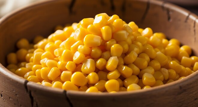 Close-up view of a bowl brimming with bright yellow cooked corn kernels, showcasing their individual shapes and textures.