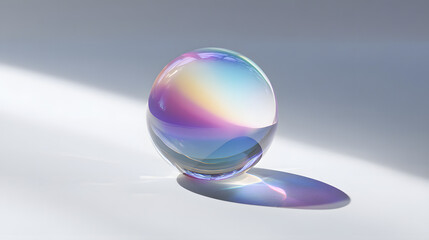 crystal ball with iridescent colors on white base soft background refracting vibrant blue purple pink yellow light