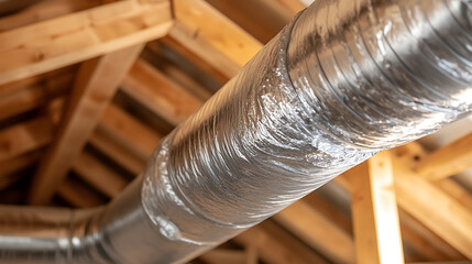 Heating and Cooling Duct: Silver ductwork runs across wood beams in an attic or crawlspace. HVAC system for air and ventilation with insulation.