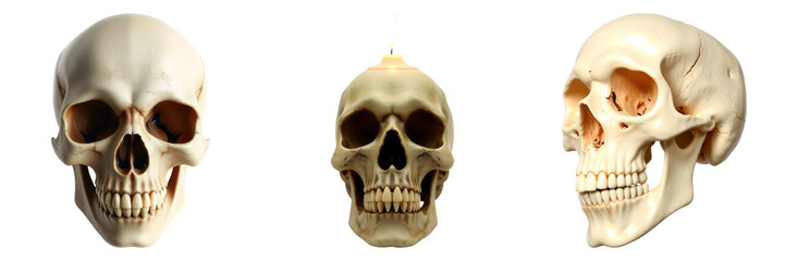 Obraz premium Spooky skull arrangement with candle lit on top isolated on transparent background
