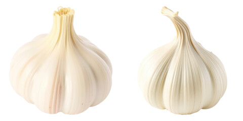Obraz premium Two fresh garlic bulbs arranged side by side against black backdrop on transparent background