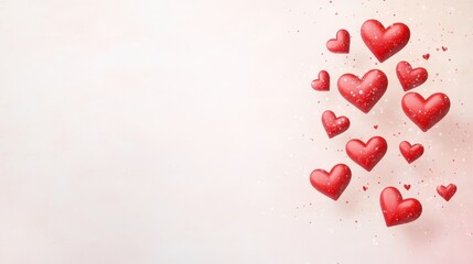 Floating red hearts on a soft pink background for Valentine's Day.
