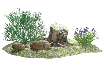 Tree stump plants rocks and purple flowers.