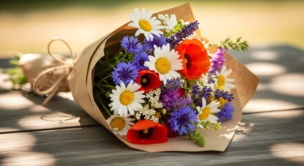 Colorful wildflower bouquet with daisies and poppies
