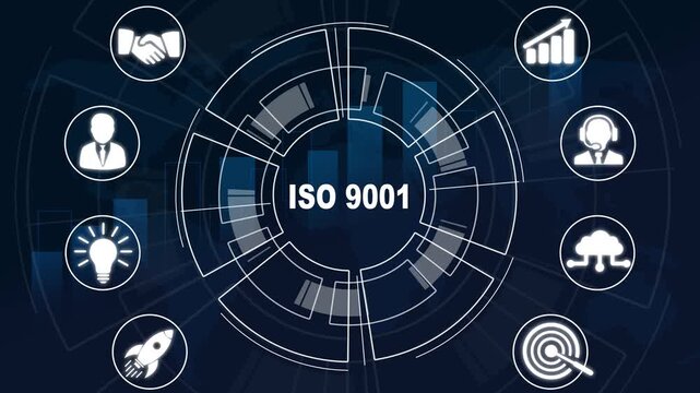 presenting iso 9001 standard certification concept with futuristic graphic user interface. business technology virtual screen background.