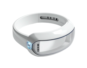 White, futuristic-looking head-mounted display with a curved band