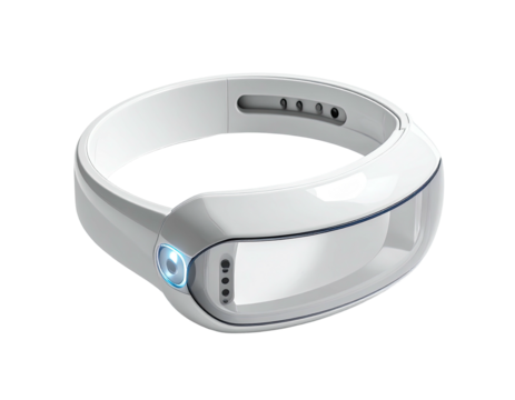 White, futuristic-looking head-mounted display with a curved band