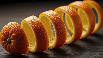 Artistic close-up of a fresh orange fruit with a long, continuous spiral peel on a dark wooden background, showcasing texture and vibrancy. - Powered by Adobe