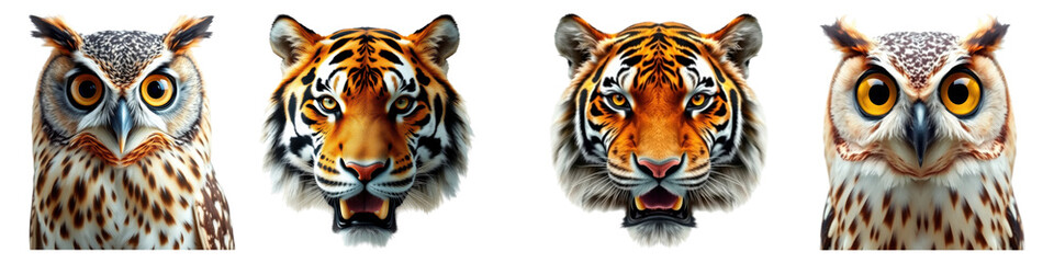 Obraz premium Striking duo of owls and tigers side by side on a black background, on transparent background
