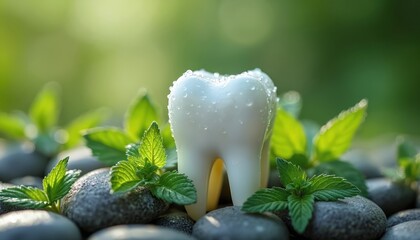 Close-up macro shot of healthy white tooth surrounded by fresh mint leaves, smooth stones. Implies natural oral hygiene, minty fresh breath, holistic dental care. Gentle nature-inspired wellness