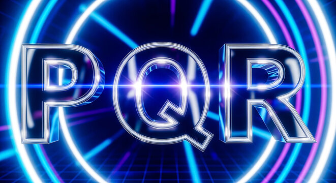 The letters P, Q, and R are rendered in a metallic, 3D style, glowing intensely within a vibrant, electric blue and pink neon light ring.