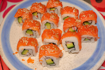 Sushi Delight: A mouthwatering assortment of sushi rolls, expertly crafted with fresh ingredients, capturing the artistry of Japanese cuisine.