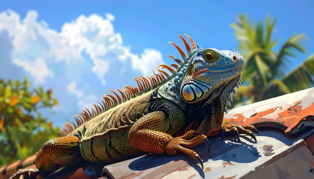 Vibrant iguana basking in the sun on a terracotta roof, showcasing a stunning array of colors against a backdrop of tropical foliage and a vibrant sky.
