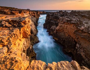 Dramatic coastal rock formations at sunset.  Ocean water rushes through a narrow passage between towering cliffs.  Golden hues highlight the rocks
