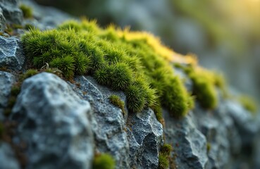 Close-up of bright green moss growing on grey rock surface. Textured stone wall with dense flora. Natural, wild plant growth. Sunlit cliffside scene, suggesting nature, geology, and botany.