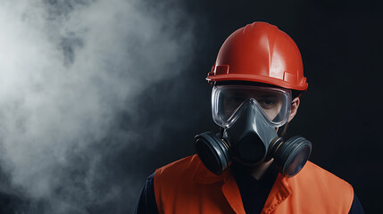 Industrial worker with protective gear in smoky environment: A close-up of safety equipment emphasizing risk and precaution in hazardous conditions.