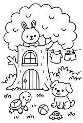 Cute Animal Friends Treehouse coloring page