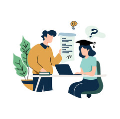 Student and Instructor Reviewing Document with Lightbulb and Question Mark Illustration