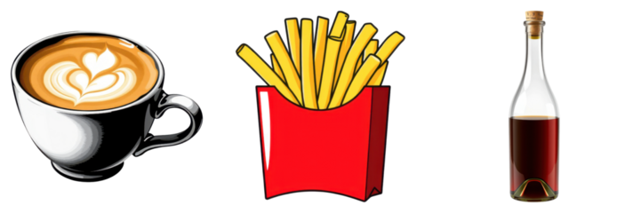 Tempting array of coffee latte, fries and wine, vector illustration on transparent background