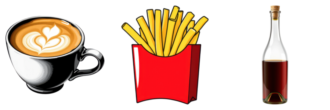 Tempting array of coffee latte, fries and wine, vector illustration on transparent background - Powered by Adobe