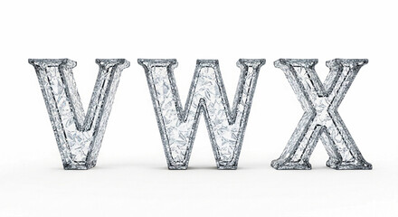 Transparent, faceted letters V W X, appearing as if crafted from crystal or ice, are displayed against a stark white backdrop.