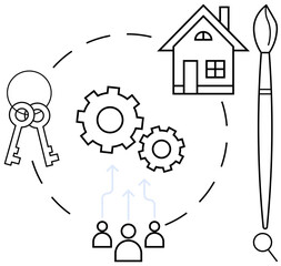Keys, cogs, a house, and a paintbrush highlight teamwork, creativity, homeownership, and development. Ideal for real estate, business strategy creativity innovation teamwork collaboration simple