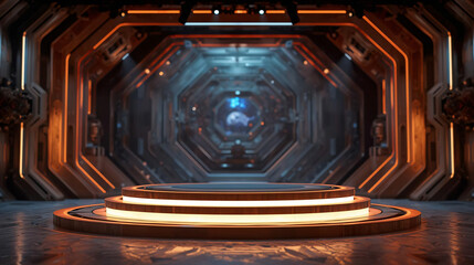 Futuristic Wooden Platform in Sci-Fi Corridor; Warm Lighting, Product Display, Modern Design.