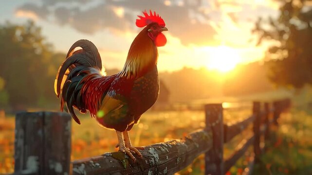 Rooster Crowing on Fence at Sunrise in Countryside