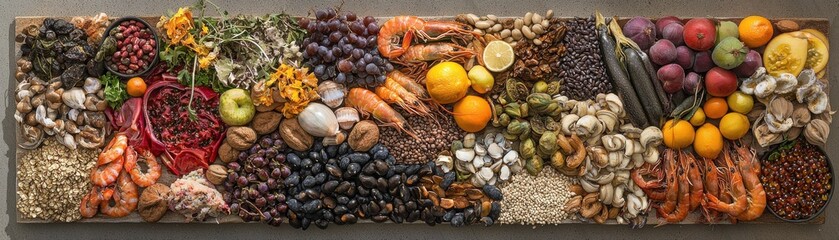 Assorted Fresh Seafood and Vegetables on Wooden Board