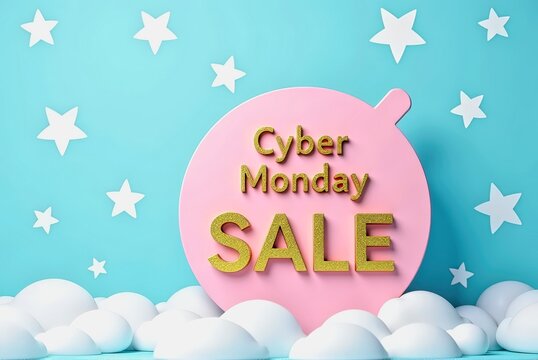 Pink Cyber Monday Sign with Gold Letters & Starry Blue Backdrop