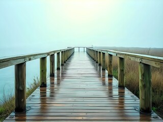 Fototapeta premium Wooden Bridge Overlooks Ocean with Grassy Skyline & Clouds