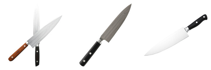 Professional kitchen knives arranged in creative display, culinary expertise on transparent background