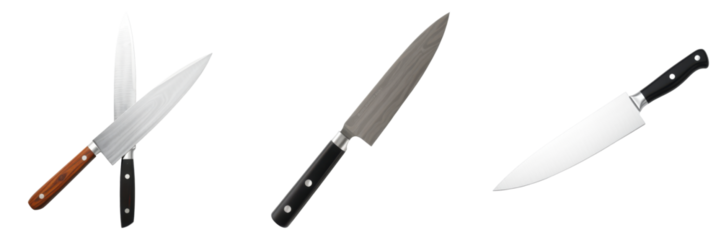 Professional kitchen knives arranged in creative display, culinary expertise on transparent background