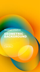 Bright abstract shapes overlap black background. Text promotes geometric design, includes call to action button. Vivid colors present.