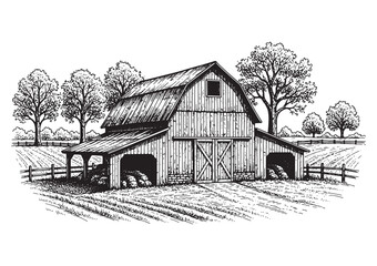 vintage barn farm landscape engraving woodcut sketch vector illustration