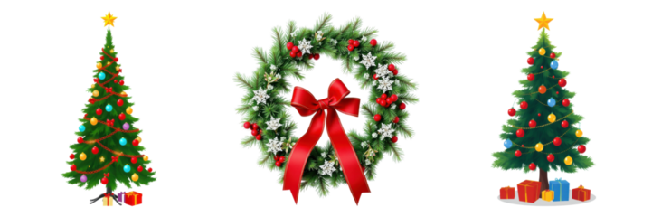 Festive Christmas composition featuring adorned trees and wreath with red bow on transparent background