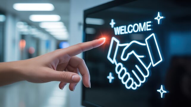 Interactive welcome touch: An interactive touchscreen display beckons with a warm greeting and an invitation to engage. a single fingertip reaches out to establish a connection.