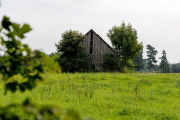 Obraz premium An old abandoned barn in a green field