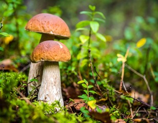 Two large mushrooms in a forest setting