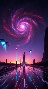 Futuristic Cityscape with Swirling Galaxy and Flying Vehicles Sci Fi Digital Art