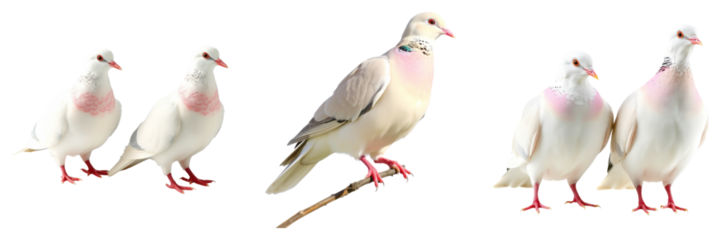Collection of beautiful doves with distinctive markings, standing gracefully on transparent background