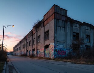 Fototapeta premium Abandoned industrial building covered in graffiti at twilight. Concrete structure shows signs of decay, overgrowth along empty street. Urban landscape at dusk with weathered walls, rusted elements.