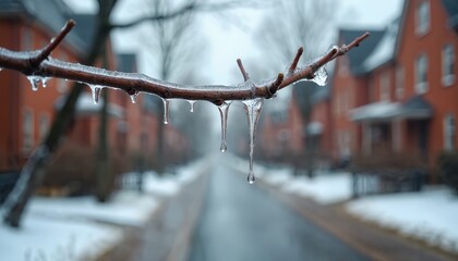 Melting ice clings to tree branch, revealing houses, urban landscape. Dripped water shows spring thaw, buds forming. Residential neighborhood street with buildings, town development, serene outdoor