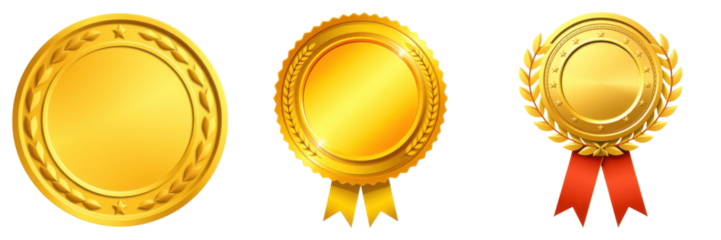 Vector illustration of elegant golden medals with ribbons for awards on transparent background